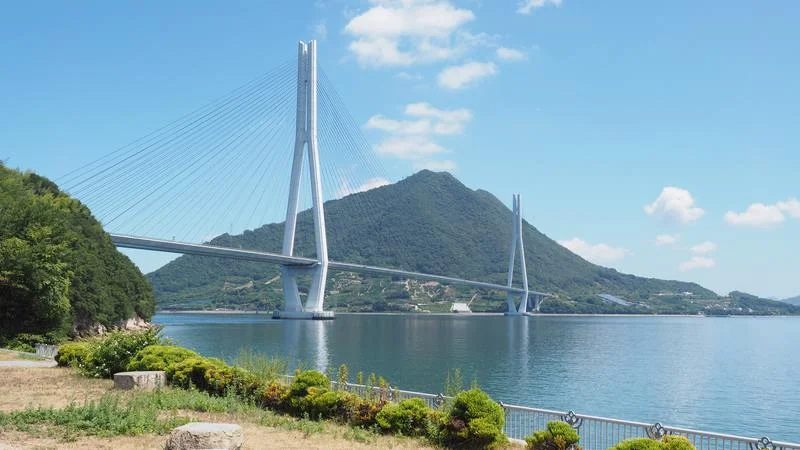 穏やかな海と島の間に架かる橋